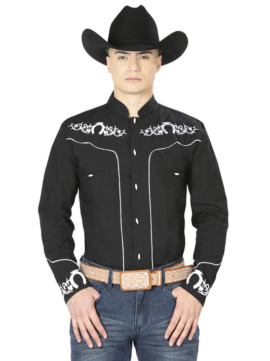 Camisa Vaquera Charra Bordada Manga Larga Negro para Hombre 'El Señor de los Cielos' - ID: 42879