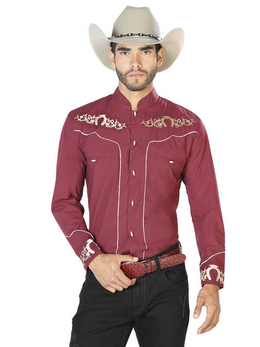 Charro Embroidered Long Sleeve Burgandy Denim Shirt for Men 'El Señor de los Cielos' - ID: 42880 Western Shirt El Señor de los Cielos Burgandy