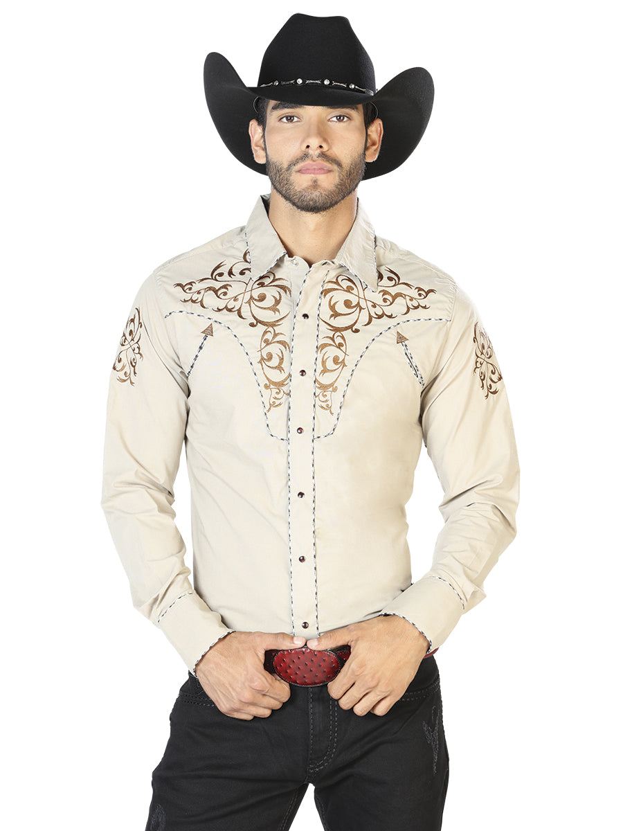 Embroidered Long Sleeve Khaki Denim Shirt for Men 'The Lord of the Skies' - ID: 42884