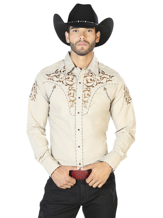 Khaki Long Sleeve Embroidered Denim Shirt for Men 'El Señor de los Cielos' - ID: 42884 Western Shirt El Señor de los Cielos Khaki