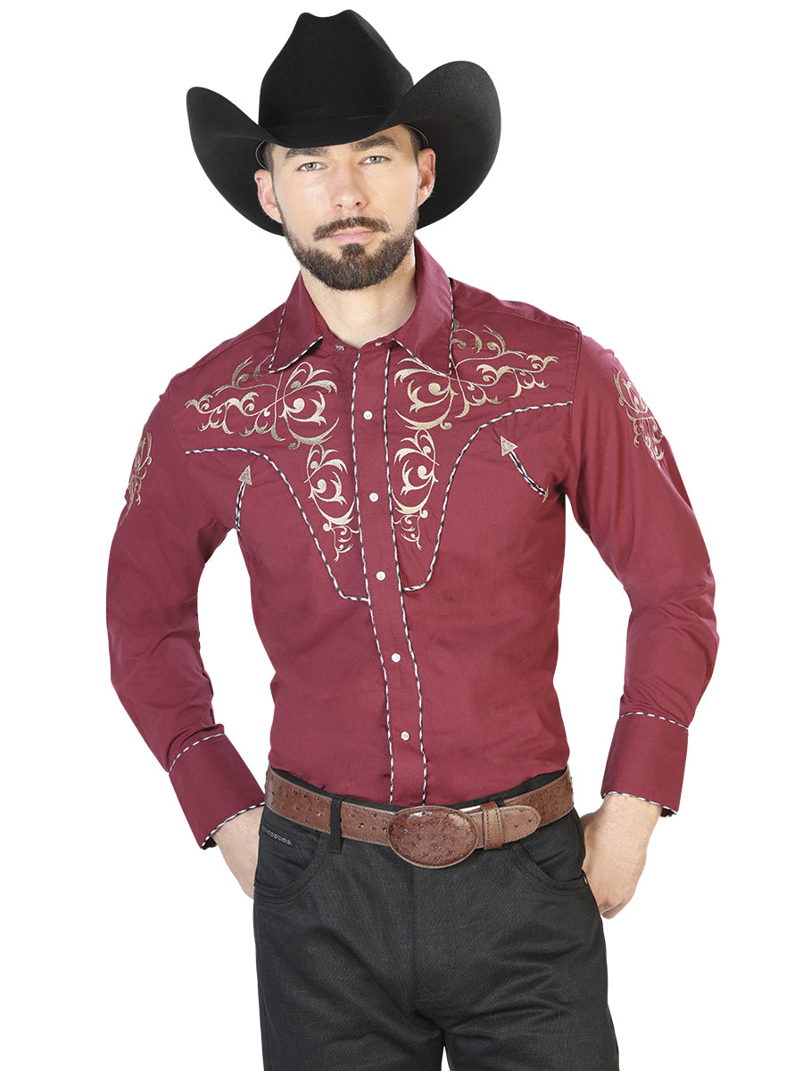 Embroidered Long Sleeve Burgandy Denim Shirt for Men 'The Lord of the Skies' - ID: 42886