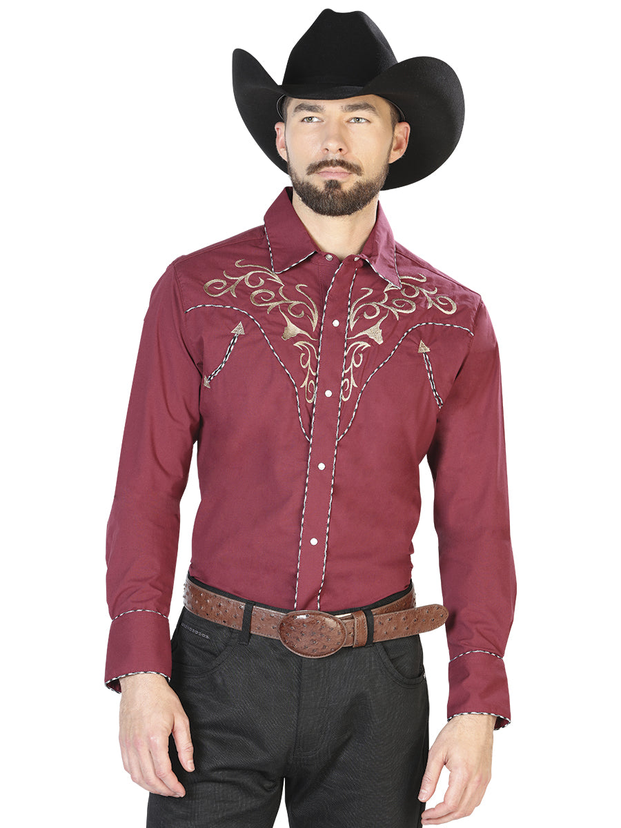 Embroidered Long Sleeve Burgandy Denim Shirt for Men 'The Lord of the Skies' - ID: 42888