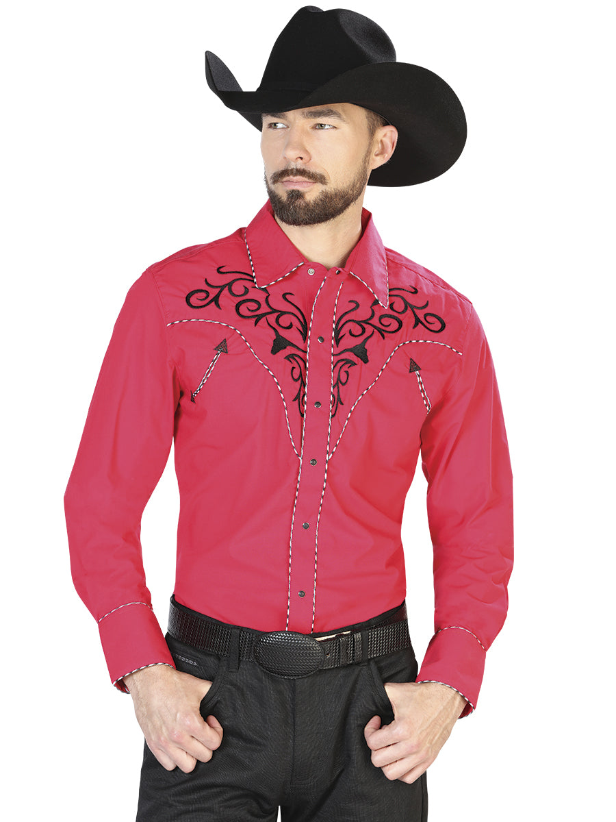 Red Long Sleeve Embroidered Denim Shirt for Men 'The Lord of the Skies' - ID: 42889