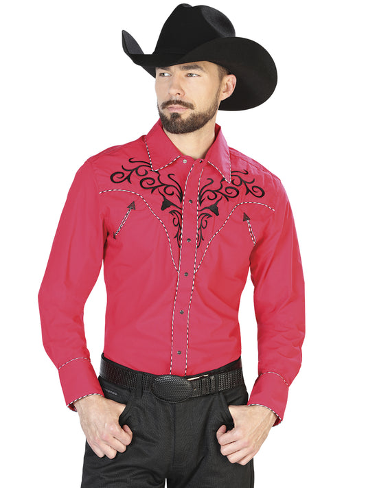 Red Long Sleeve Embroidered Denim Shirt for Men 'El Señor de los Cielos' - ID: 42889 Western Shirt El Señor de los Cielos Red