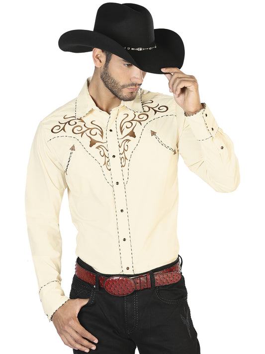 Beige Long Sleeve Embroidered Denim Shirt for Men 'The Lord of the Skies' - ID: 42890