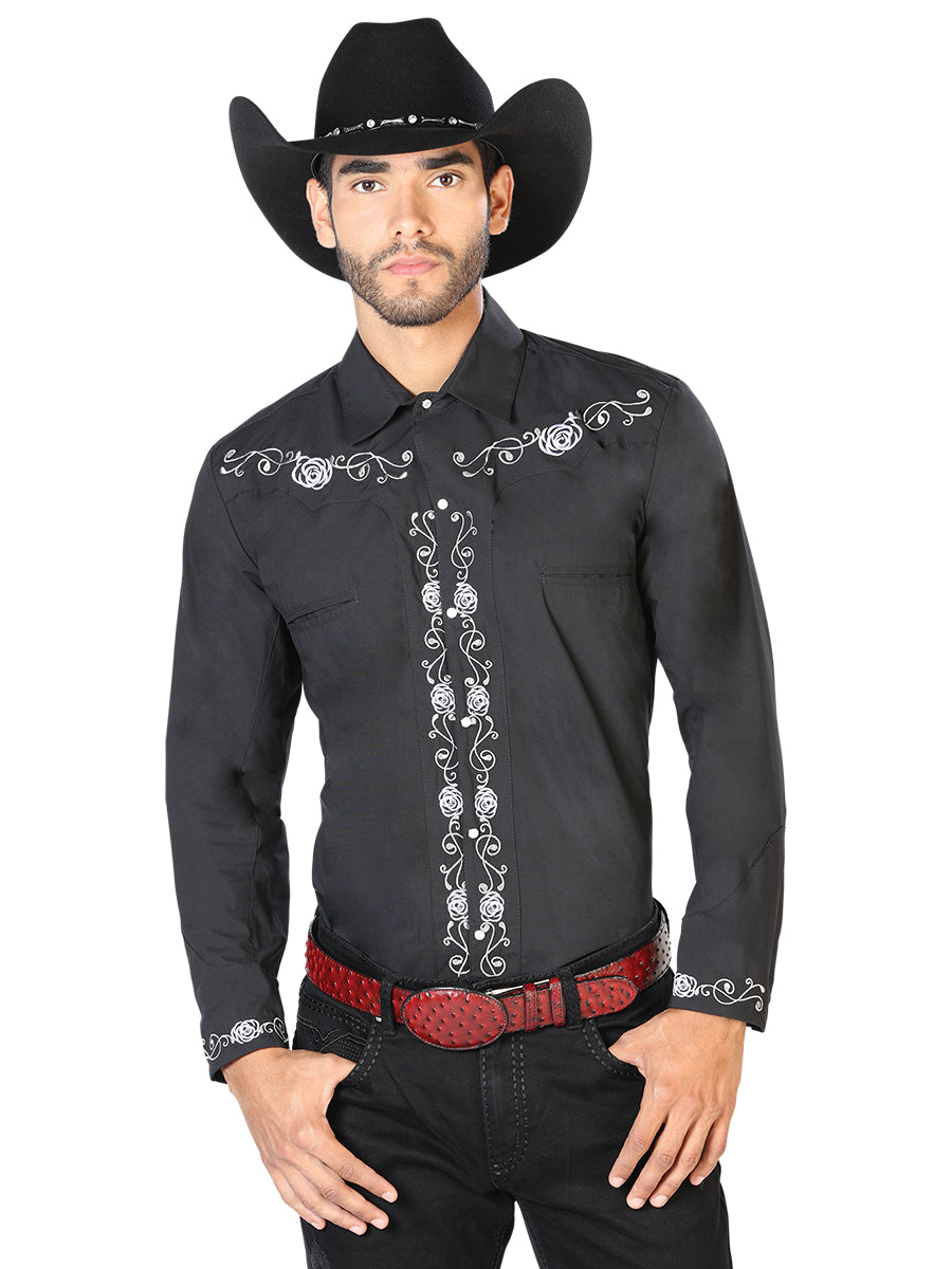 Black Long Sleeve Embroidered Denim Shirt for Men 'The Lord of the Skies' - ID: 42937