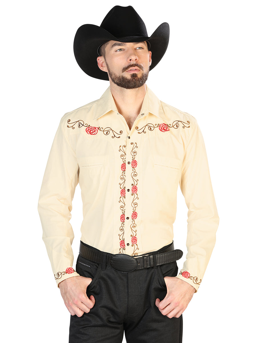 Beige Long Sleeve Embroidered Denim Shirt for Men 'The Lord of the Skies' - ID: 42939