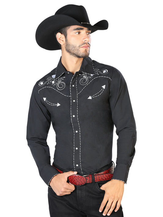 Black Long Sleeve Embroidered Denim Shirt for Men 'The Lord of the Skies' - ID: 42940