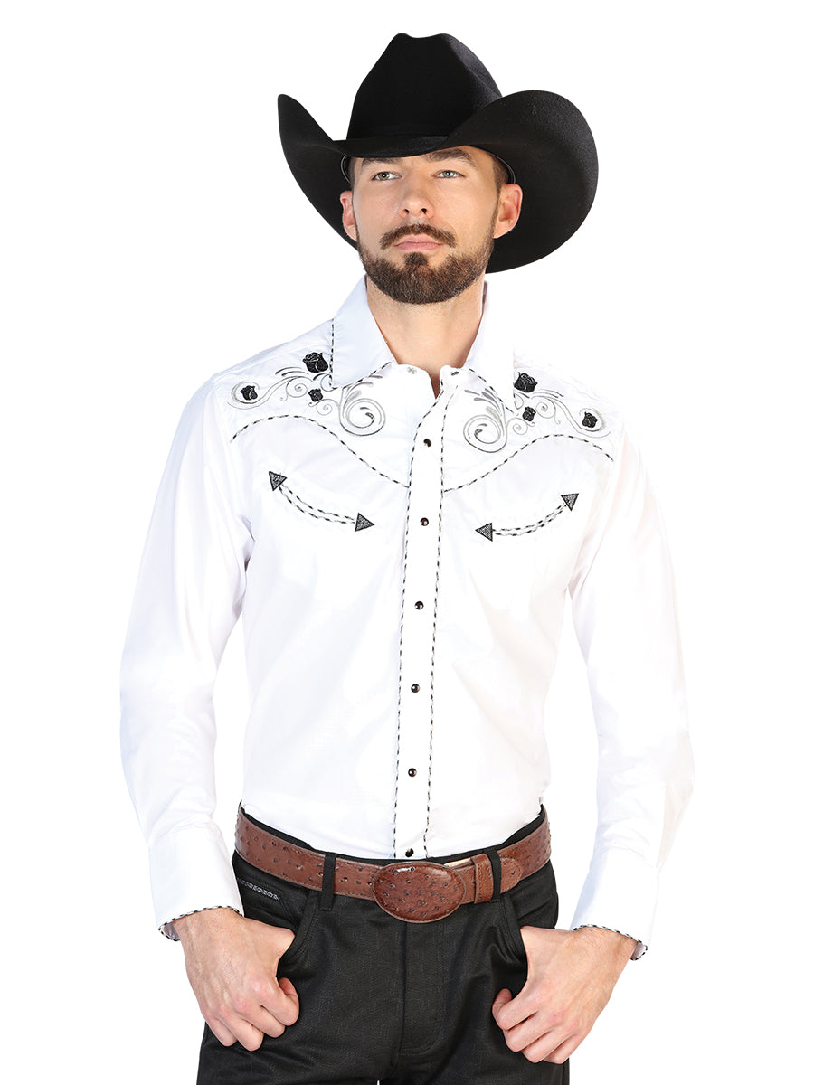 White Long Sleeve Embroidered Denim Shirt for Men 'The Lord of the Skies' - ID: 42941