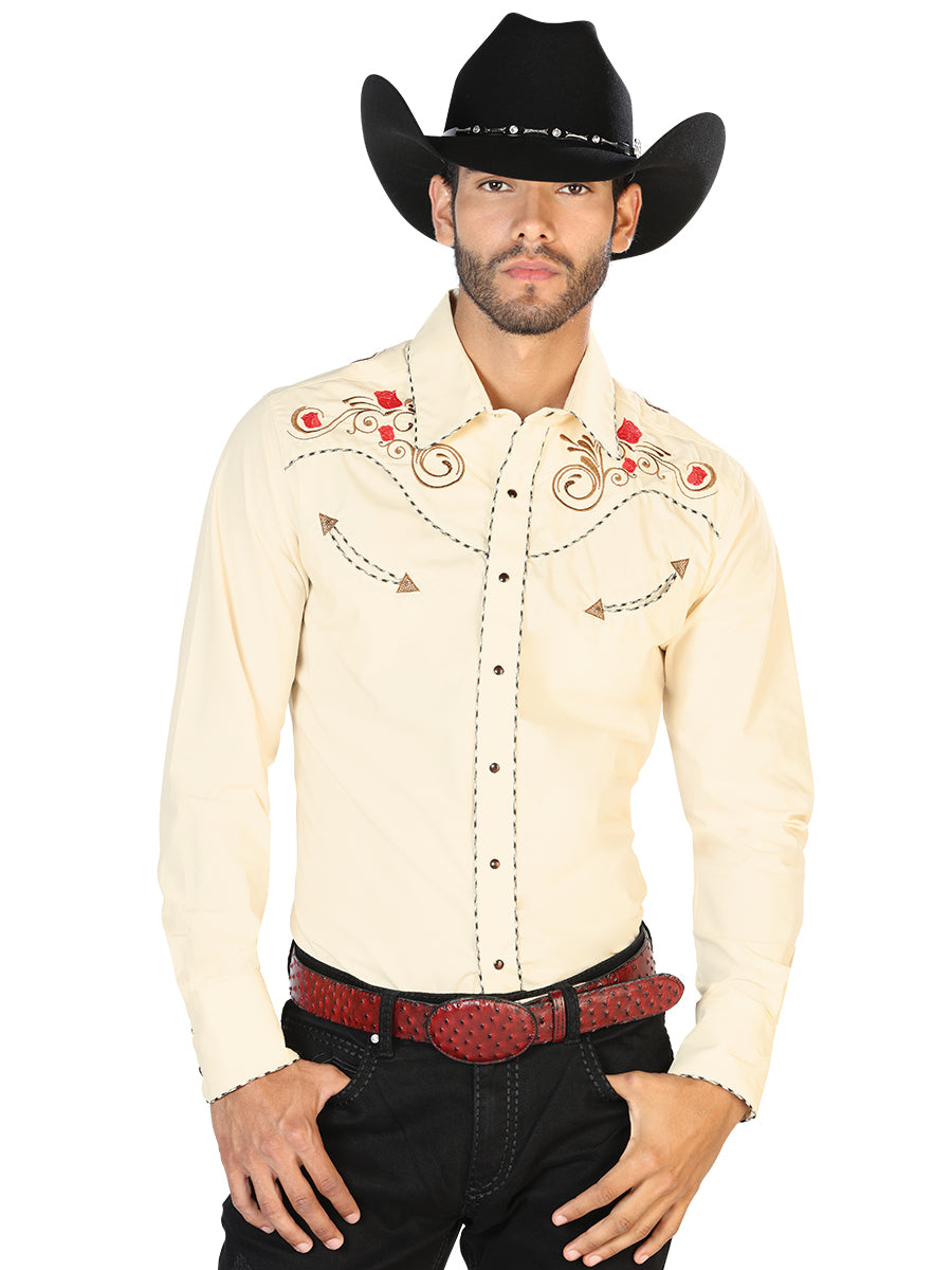 Beige Long Sleeve Embroidered Denim Shirt for Men 'The Lord of the Skies' - ID: 42942