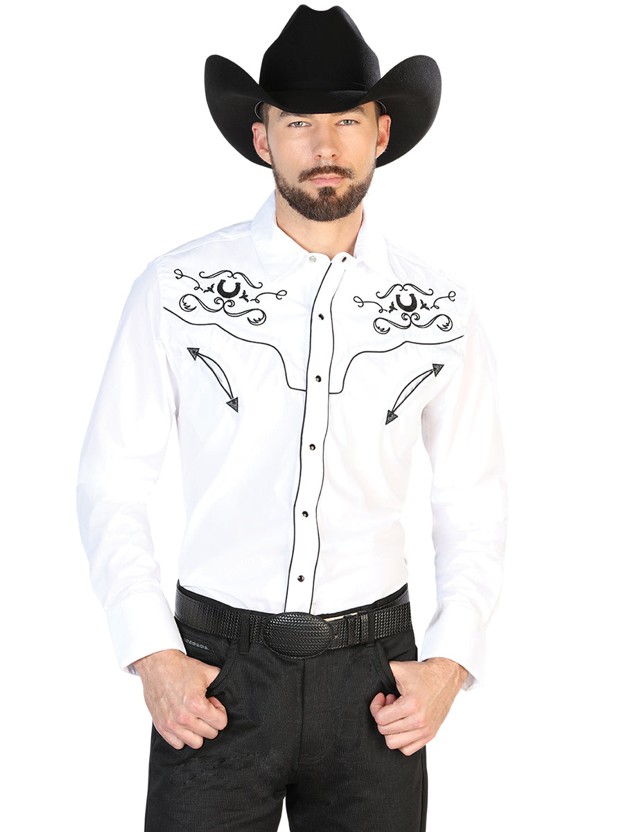 White Long Sleeve Embroidered Denim Shirt for Men 'The Lord of the Skies' - ID: 42946