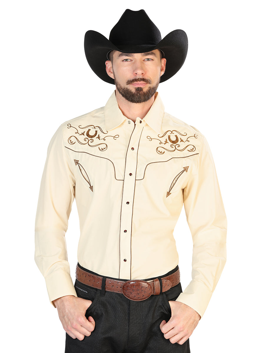 Beige Long Sleeve Embroidered Denim Shirt for Men 'The Lord of the Skies' - ID: 42947