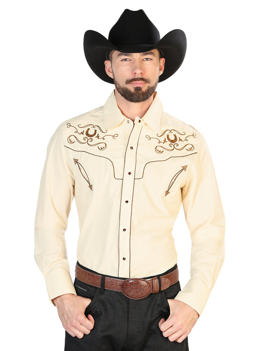 Beige Long Sleeve Embroidered Denim Shirt for Men 'El Señor de los Cielos' - ID: 42947 Western Shirt El Señor de los Cielos Beige