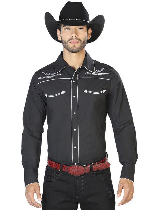 Black Long Sleeve Embroidered Denim Shirt for Men 'El Señor de los Cielos' - ID: 42949 Western Shirt El Señor de los Cielos Black