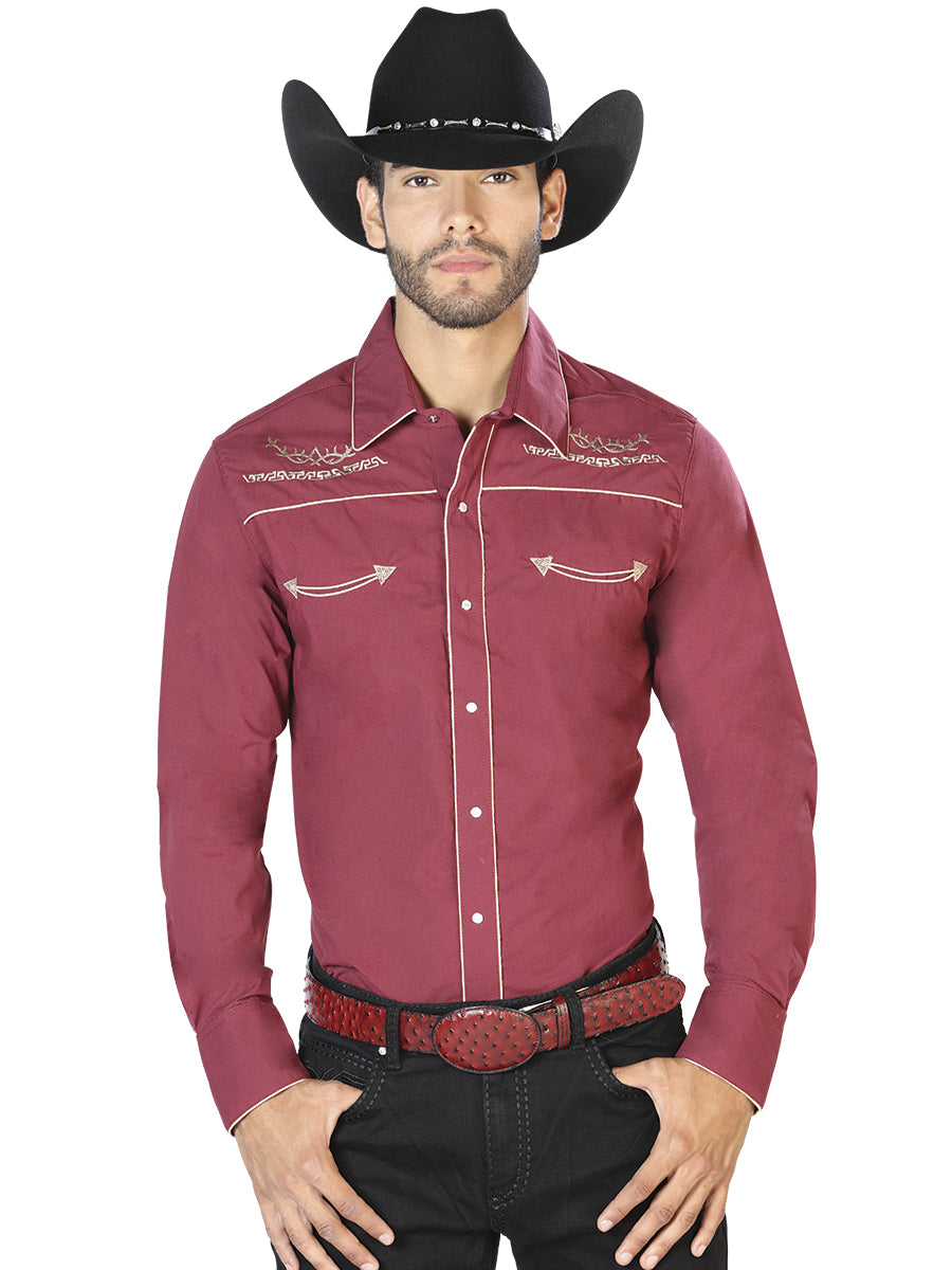 Embroidered Long Sleeve Burgandy Denim Shirt for Men 'The Lord of the Skies' - ID: 42951