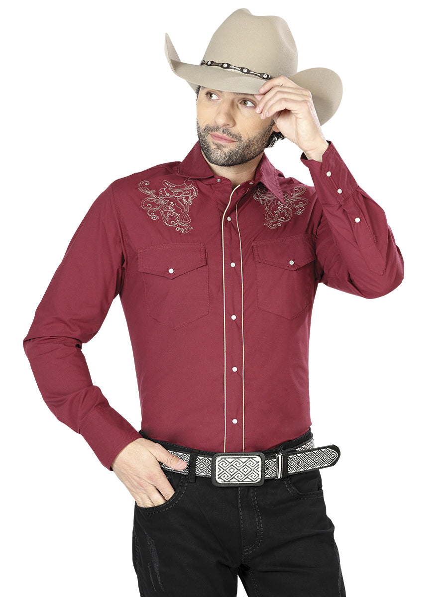 Embroidered Long Sleeve Burgandy Denim Shirt for Men 'The Lord of the Skies' - ID: 42955