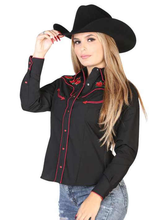 Camisa Vaquera Manga Larga Bordada Floral Negro para Mujer 'El General' - ID: 42961
