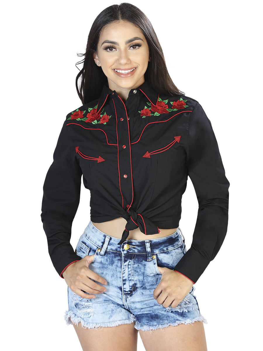 Black Floral Embroidered Long Sleeve Denim Shirt for Women 'El General' - ID: 42961