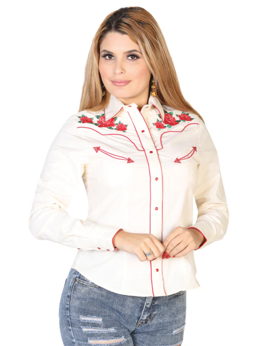 Camisa Vaquera Manga Larga Bordada Floral Beige para Mujer 'El General' - ID: 42962