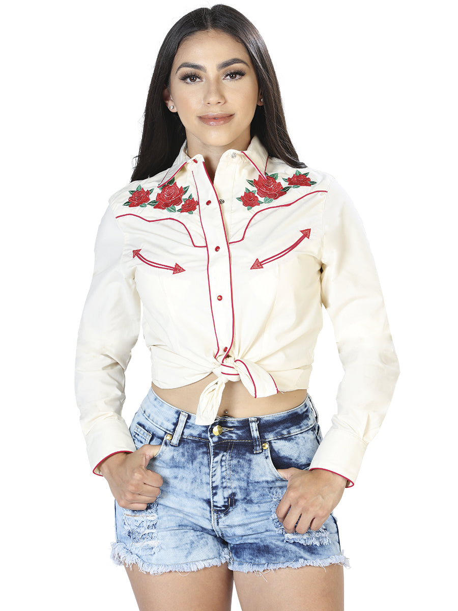 Camisa Vaquera Manga Larga Bordada Floral Beige para Mujer 'El General' - ID: 42962