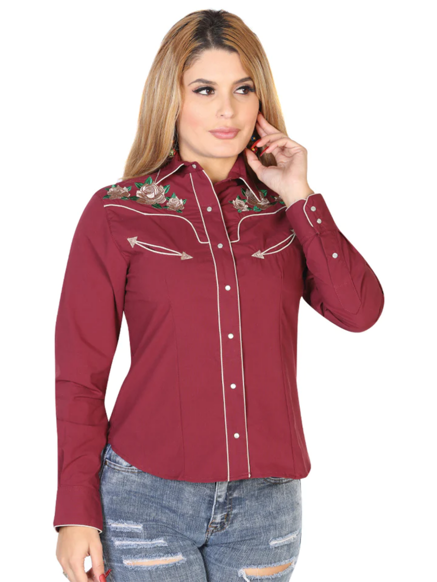 Wine Floral Embroidered Long Sleeve Denim Shirt for Women 'El General' - ID: 42965
