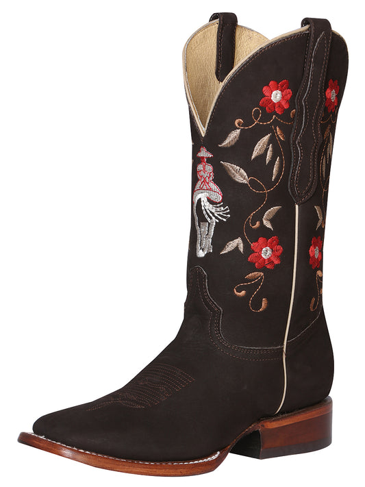 Rodeo Cowboy Boots with Nubuck Leather Flower Embroidered Tube for Women 'El General' - ID: 42974 Cowgirl Boots El General Cafe