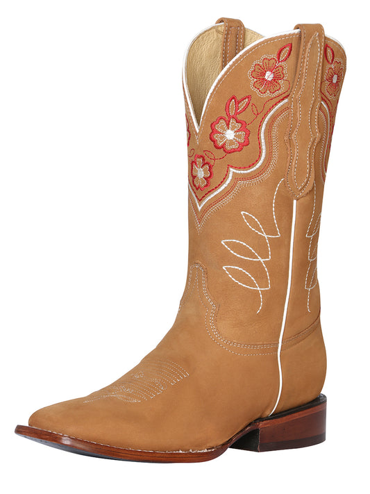 Rodeo Cowboy Boots with Nubuck Leather Flower Embroidered Tube for Women 'El General' - ID: 42979 Cowgirl Boots El General Durazno