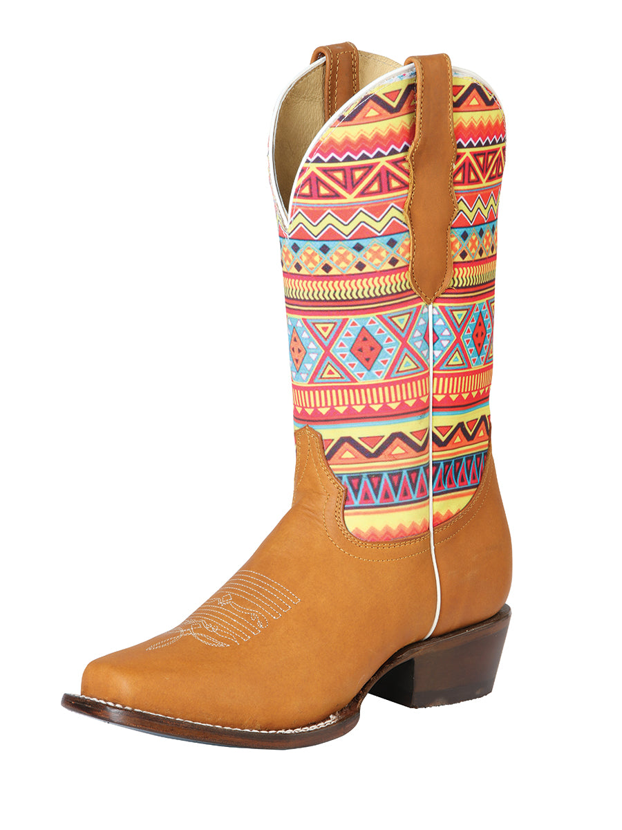 Botas Vaqueras Rodeo con Tubo Multicolor Print de Piel Nobuck para Mujer 'El General' - ID: 42987 Cowgirl Boots El General Miel