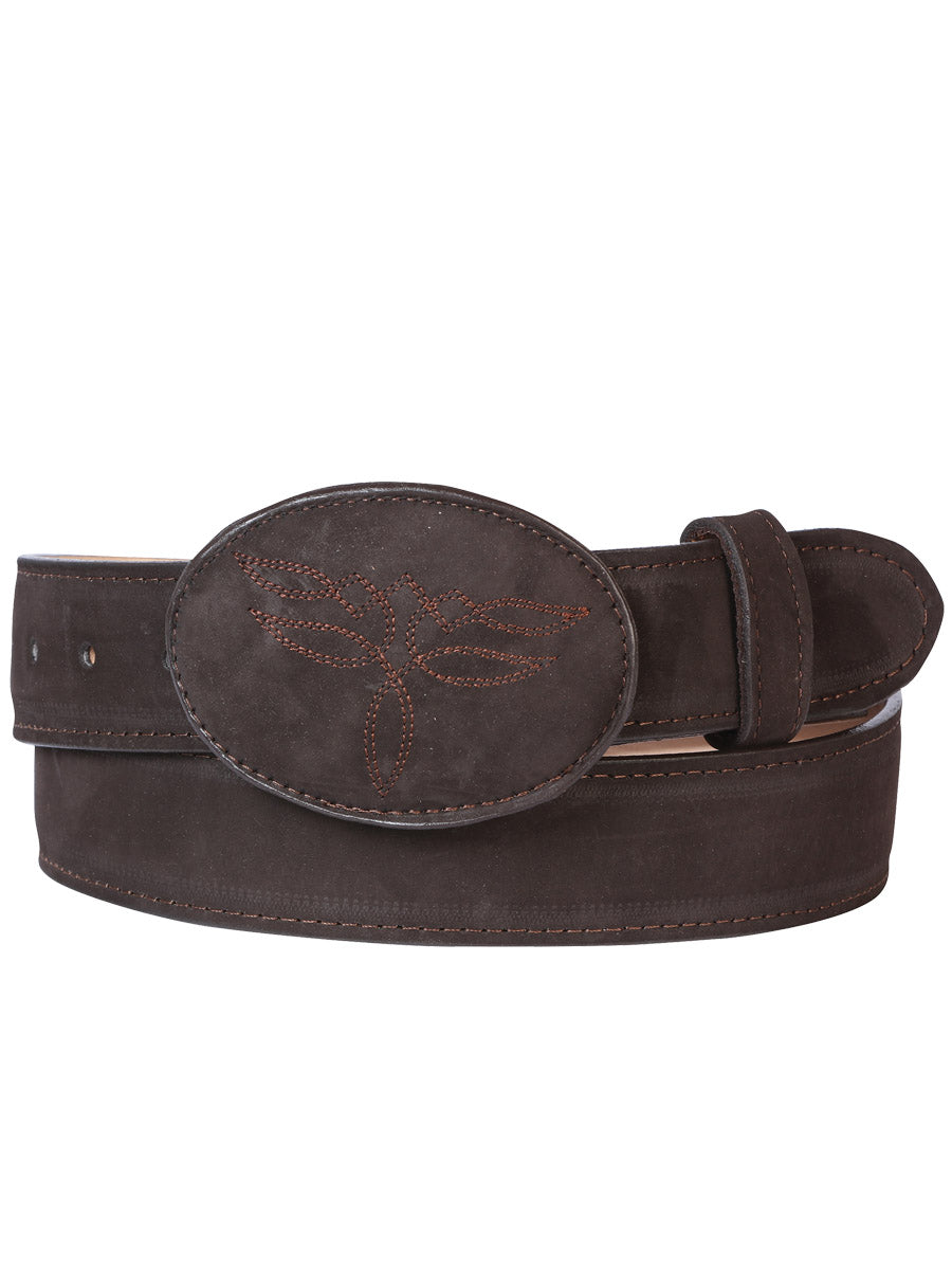 Nobuck Leather Cowboy Belt for Men with Oval Buckle, 1 1/2" Width 'El General' - ID: 43184