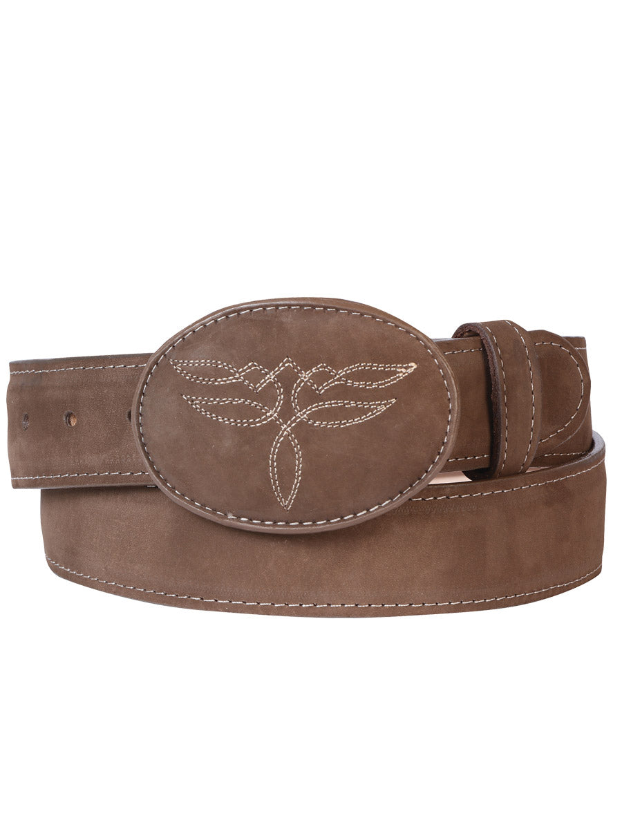 Nobuck Leather Cowboy Belt for Men with Oval Buckle, 1 1/2" Width 'El General' - ID: 43185