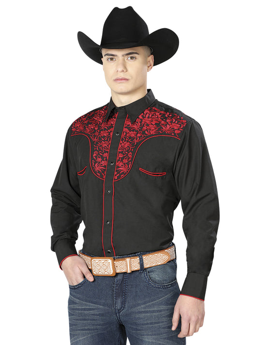 Black Long Sleeve Embroidered Denim Shirt for Men 'The Lord of the Skies' - ID: 43297