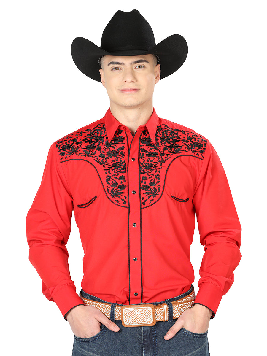 Red Long Sleeve Embroidered Denim Shirt for Men 'The Lord of the Skies' - ID: 43298