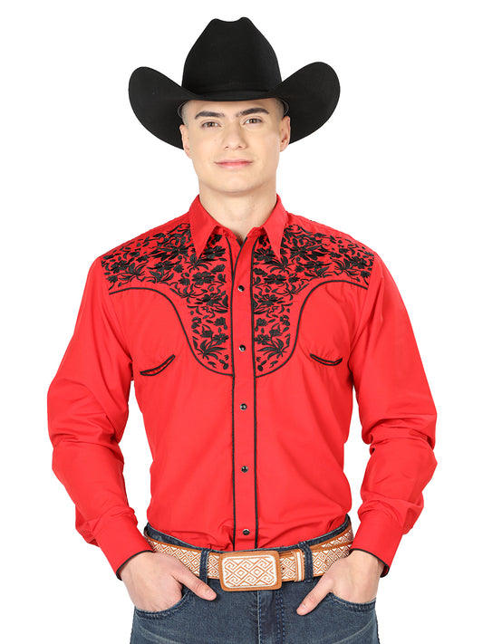 Red Long Sleeve Embroidered Denim Shirt for Men 'The Lord of the Skies' - ID: 43298