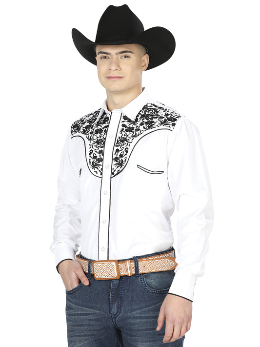 White Long Sleeve Embroidered Denim Shirt for Men 'El Señor de los Cielos' - ID: 43300 Western Shirt El Señor de los Cielos White