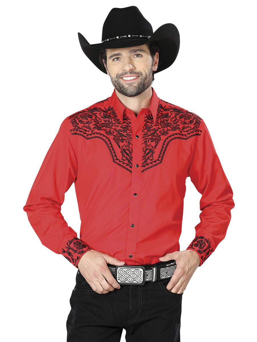 Red Long Sleeve Embroidered Denim Shirt for Men 'The Lord of the Skies' - ID: 43302