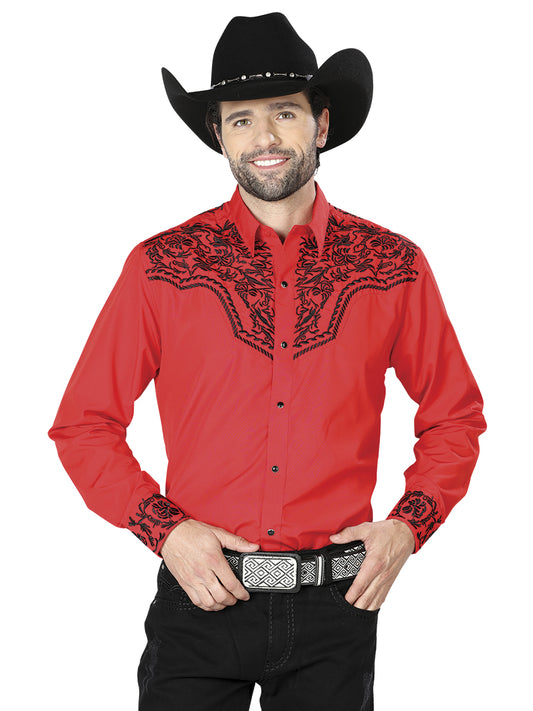Red Long Sleeve Embroidered Denim Shirt for Men 'El Señor de los Cielos' - ID: 43302 Western Shirt El Señor de los Cielos Red