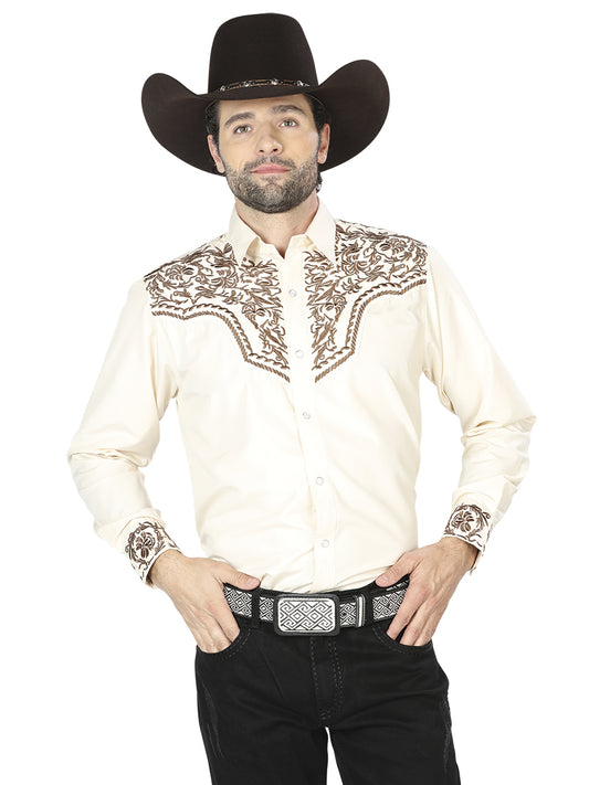 Beige Long Sleeve Embroidered Denim Shirt for Men 'El Señor de los Cielos' - ID: 43303 Western Shirt El Señor de los Cielos Beige