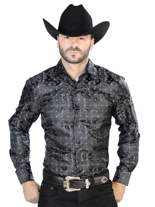 Black Cashmere Printed Jacquard Long Sleeve Denim Shirt for Men 'Centenario' - ID: 43746 Western Shirt Centenario Black