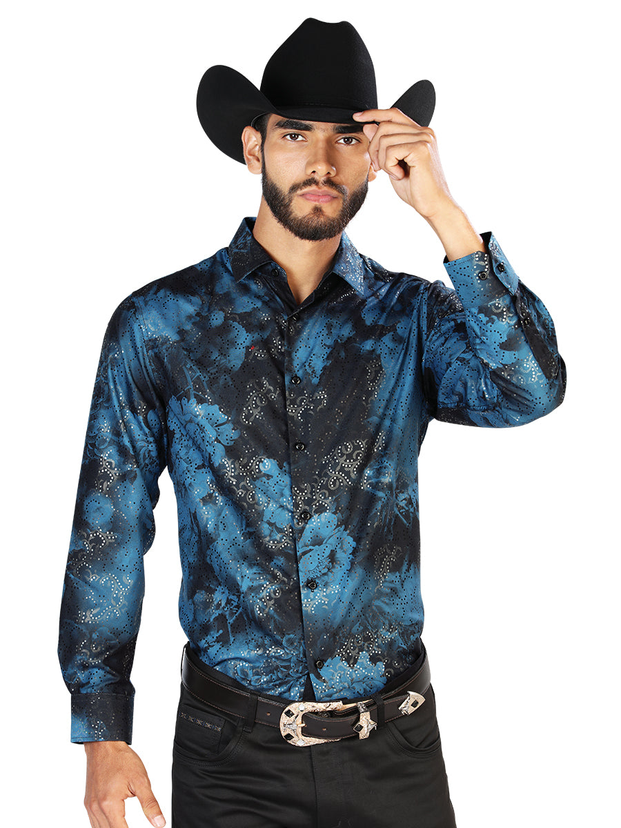 Camisa Vaquera Manga Larga Estampada Azul/Negro para Hombre 'El Señor de los Cielos' - ID: 43771