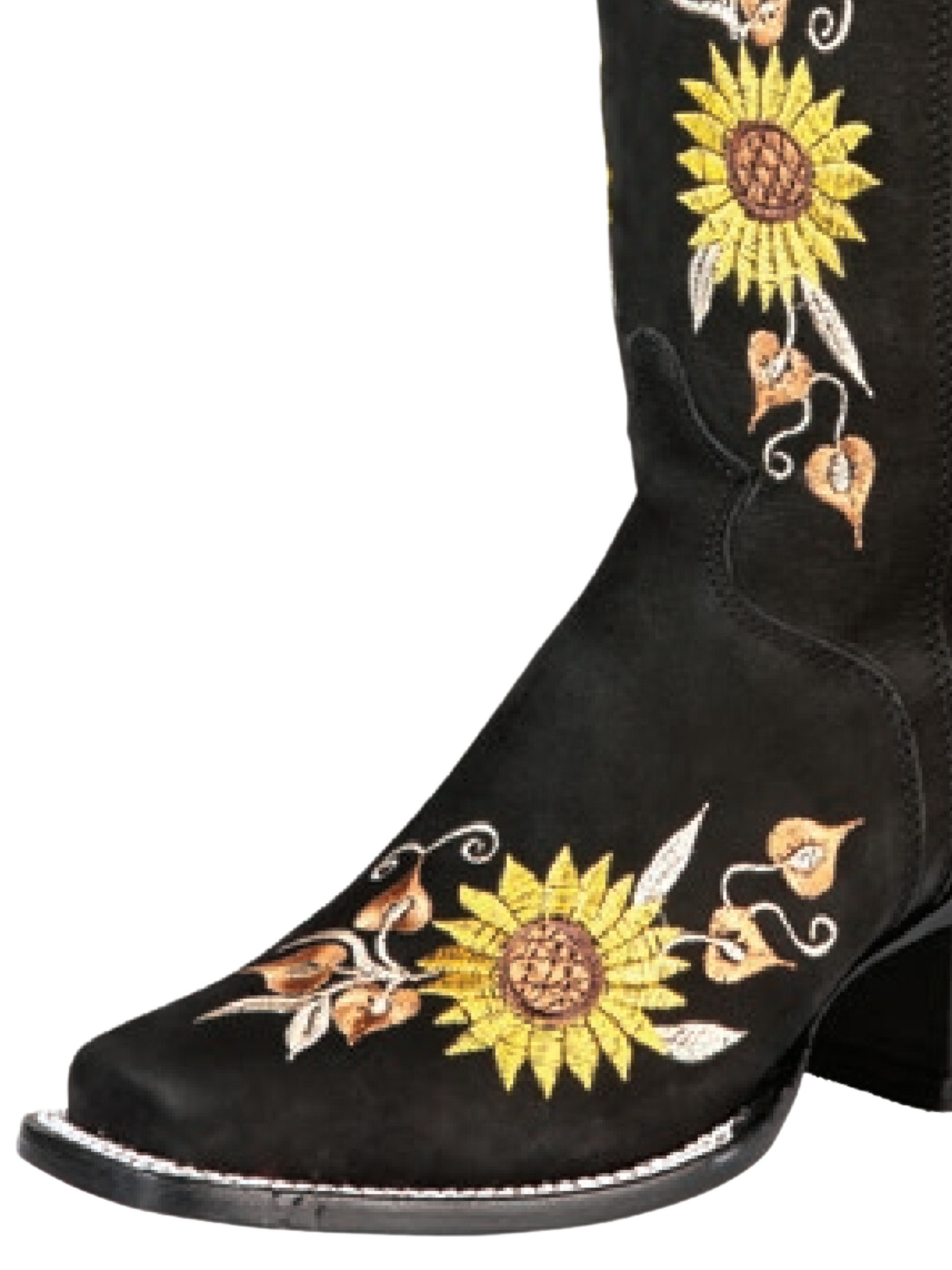 High Cowboy Boots with Nobuck Leather Sunflower Embroidered Tube for Women 'El General' - ID: 43914