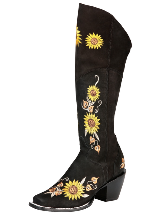 High Cowboy Boots with Nubuck Leather Sunflower Embroidered Tube for Women 'El General' - ID: 43914 Cowgirl Boots El General Black