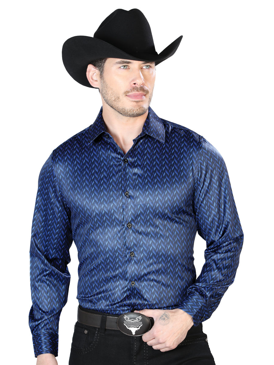 Camisa Vaquera Manga Larga Estampada Azul para Hombre 'El Señor de los Cielos' - ID: 43967 Western Shirt El Señor de los Cielos 