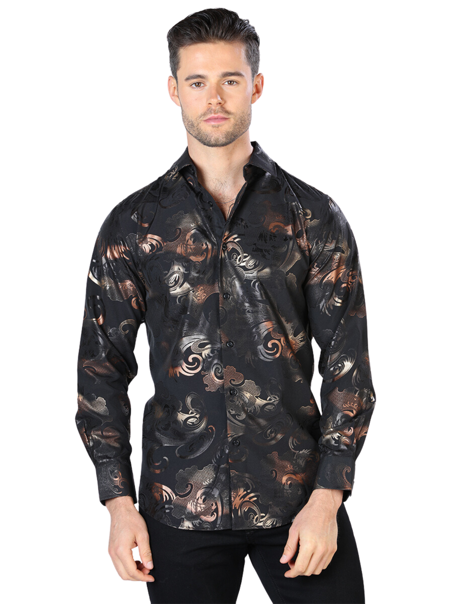 Casual Long Sleeve Printed Black/Gold Shirt for Men 'The Lord of the Skies' - ID: 44035 Casual Shirt The Lord of the Skies Black/Gold