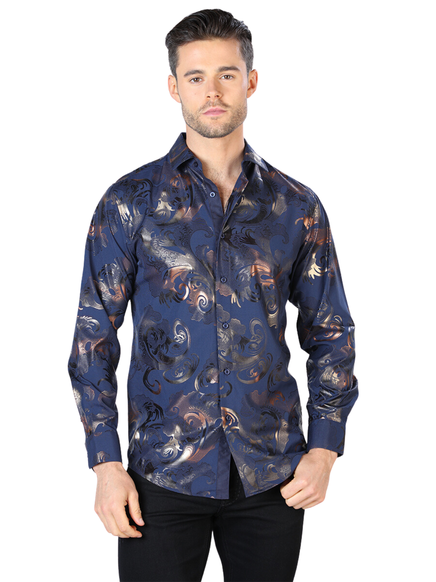 Gold/Black Printed Long Sleeve Casual Shirt for Men 'The Lord of the Skies' - ID: 44036 Casual Shirt The Lord of the Skies Black/Gold