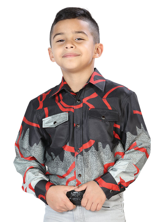 Black / Gray Printed Long Sleeve Denim Shirt for Children 'The Lord of the Skies' - ID: 44077