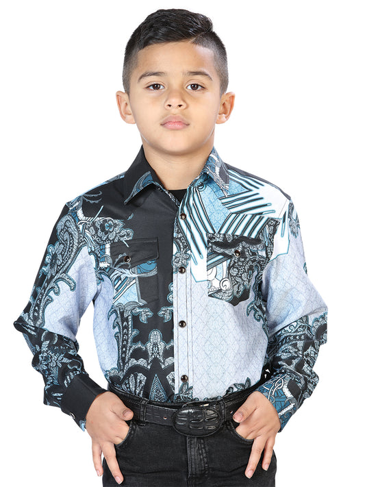 Black / Gray Printed Long Sleeve Denim Shirt for Children 'The Lord of the Skies' - ID: 44096