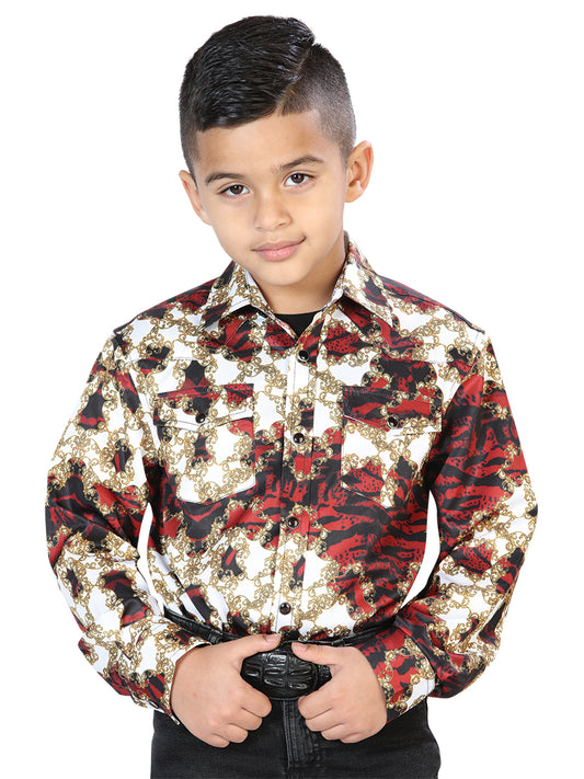 Burgandy Printed Long Sleeve Denim Shirt for Children 'The Lord of the Skies' - ID: 44104