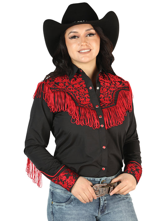 Black Embroidered Long Sleeve Denim Shirt for Women 'El Señor de los Cielos' - ID: 44178 Western Shirt El Señor de los Cielos Black