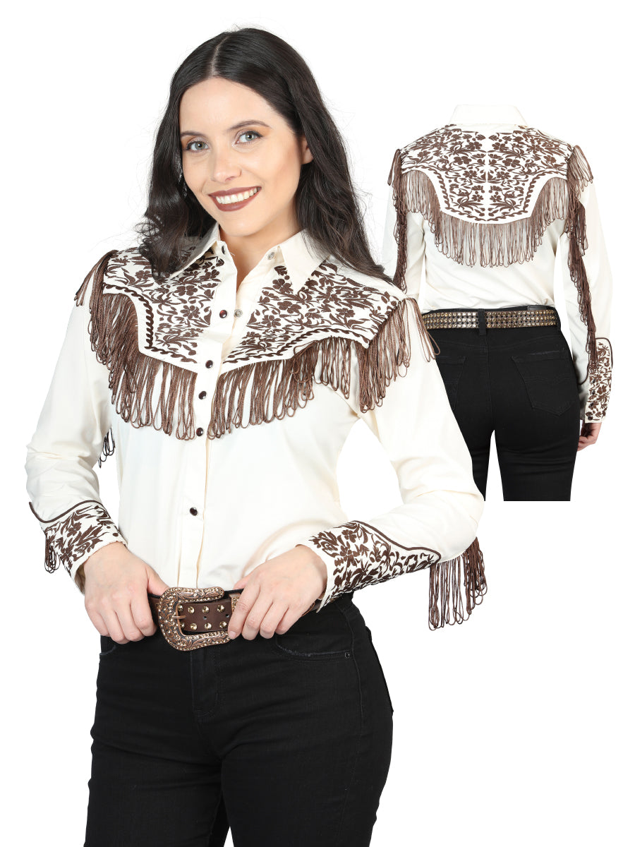 Beige Embroidered Long Sleeve Denim Shirt for Women 'El Señor de los Cielos' - ID: 44180 Western Shirt El Señor de los Cielos