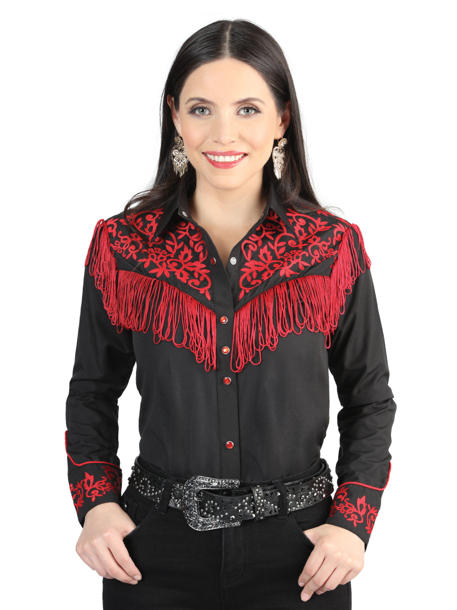 Black/Red Embroidered Long Sleeve Denim Shirt for Women 'El Señor de los Cielos' - ID: 44181 Western Shirt El Señor de los Cielos